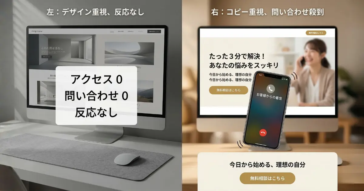 きれいなデザインだけでは集客できないことを表すホームページの比較イメージ