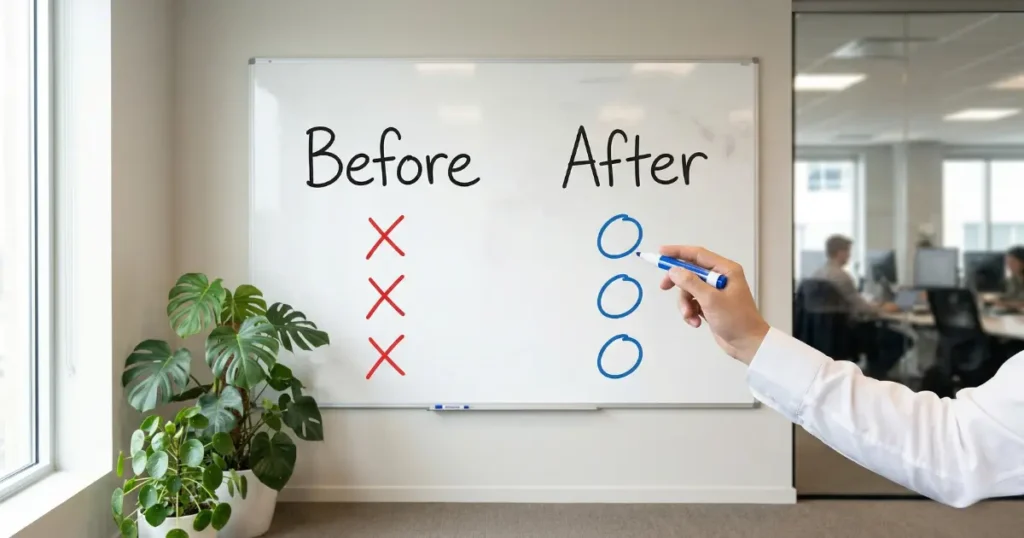 ホワイトボードにBefore・Afterの改善比較が書かれたオフィスのイメージ