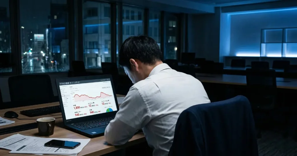 アクセス解析の低迷するデータを見つめる経営者の後ろ姿