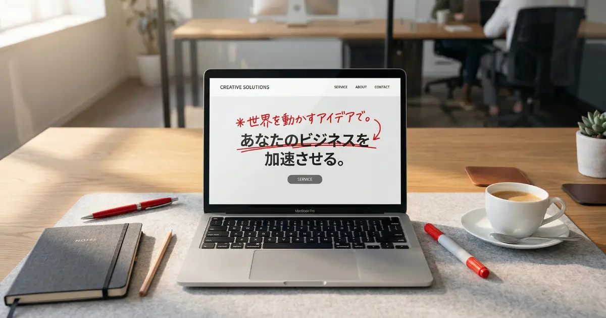 ホームページのキャッチコピーを赤ペンで書き換えているデスク上のノートパソコンのイメージ