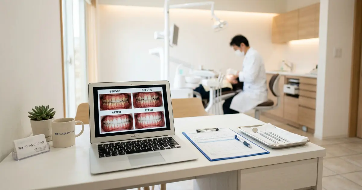 歯科医院のパソコン画面に表示された症例紹介のビフォーアフター写真