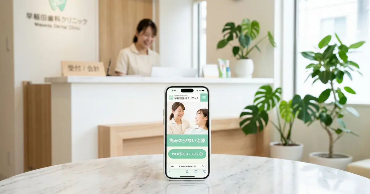 歯科医院のホームページのファーストビューが表示されたスマートフォンと清潔感のある受付の背景