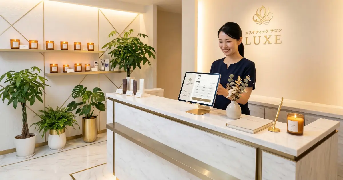 予約画面が表示されたタブレットが置かれた高級感のあるエステサロンの受付カウンター