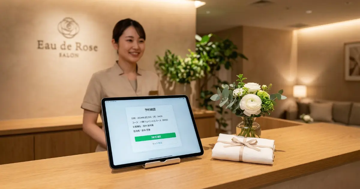エステサロンの受付に置かれたタブレットの予約画面イメージ