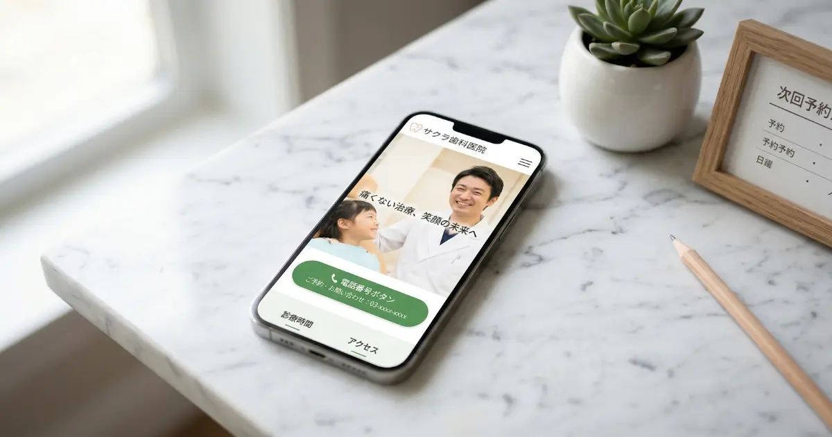 ファーストビューに電話番号ボタンが配置された歯科医院ホームページのスマートフォン表示イメージ