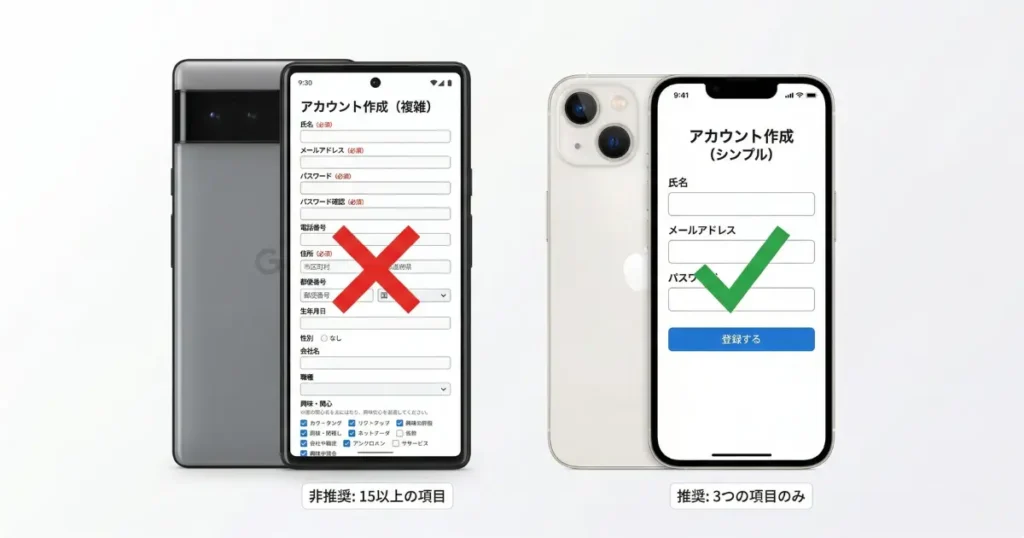 項目が多すぎるフォームとシンプルな3項目フォームを比較したスマートフォン画面