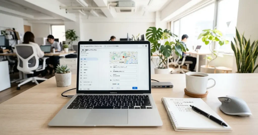 Googleビジネスプロフィールの編集画面が表示されたノートパソコンとメモ帳が置かれたデスク