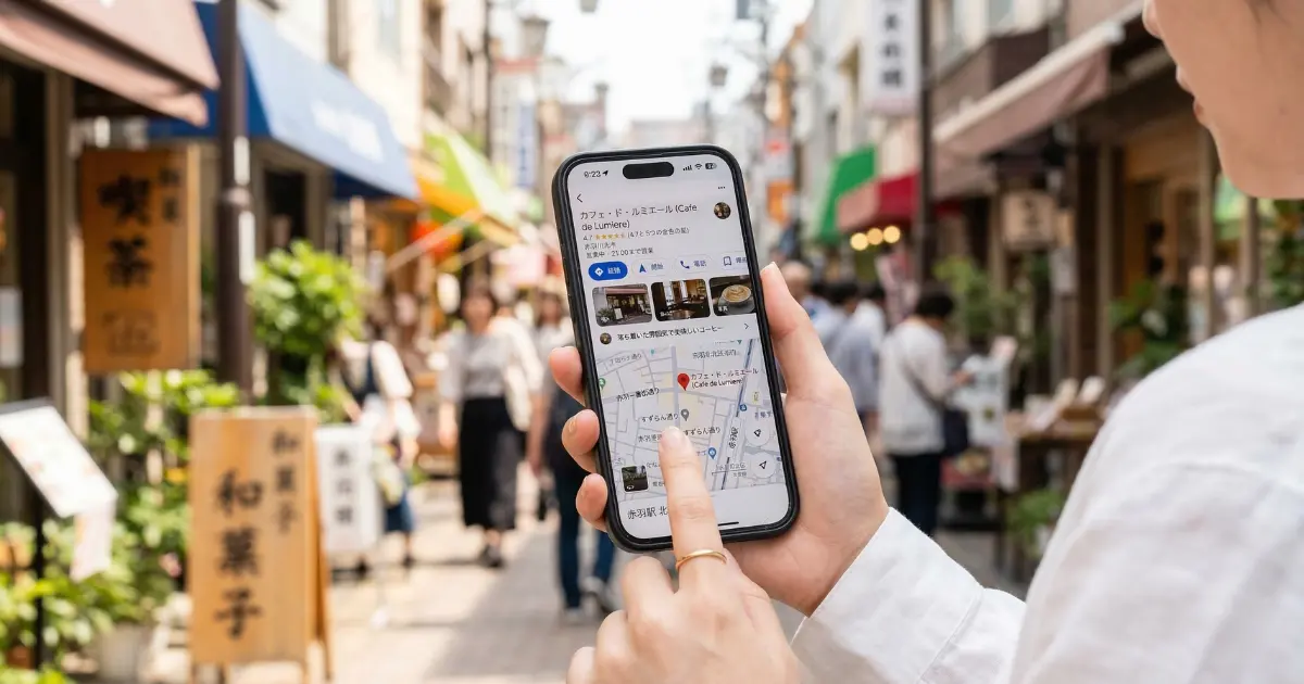 Googleマップで近隣の店舗情報を検索しているスマートフォン画面