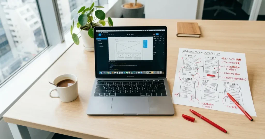 ホームページの改善計画を赤ペンで書き込んだワイヤーフレームとノートパソコンが並ぶデスク