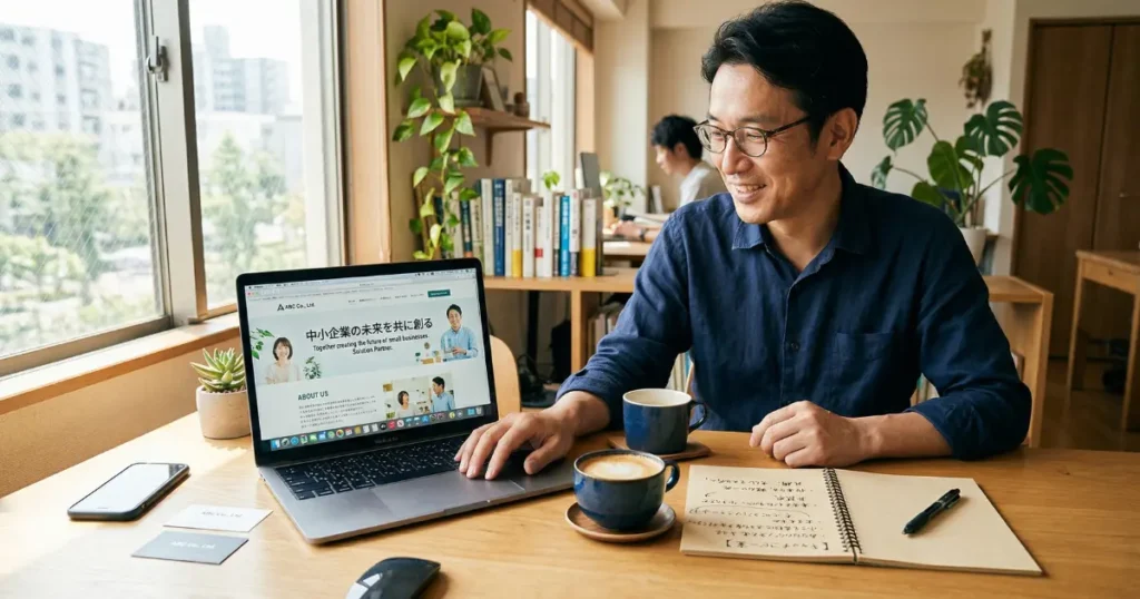 ホームページの言葉を改善するためのメモとノートパソコンが置かれたオフィスデスク