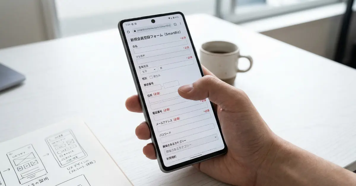 入力項目が多すぎてスクロールが必要な問い合わせフォームが表示されたスマートフォン画面