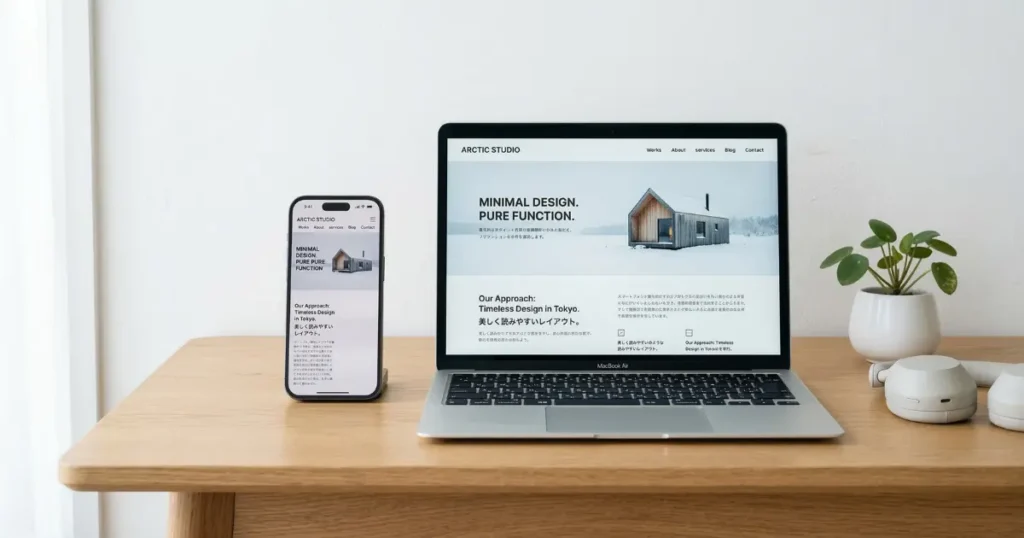 パソコンではきれいに表示されるサイトがスマートフォンではレイアウトが崩れている対比