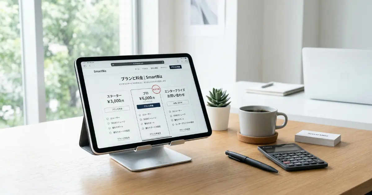 見やすい料金表が表示されたタブレット端末と電卓が置かれたビジネスデスク