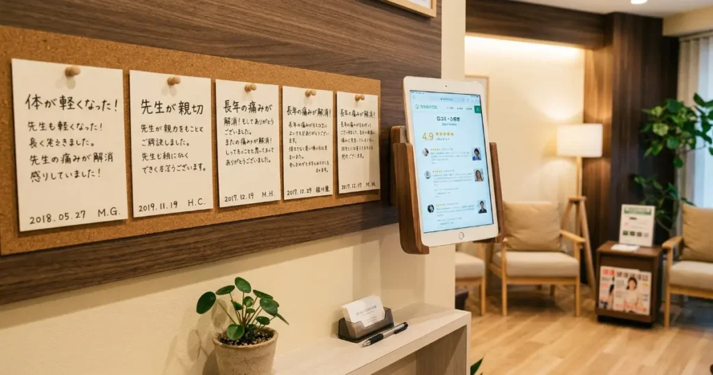 整体院の待合室に掲示された患者さんの感想カードとホームページの口コミページ