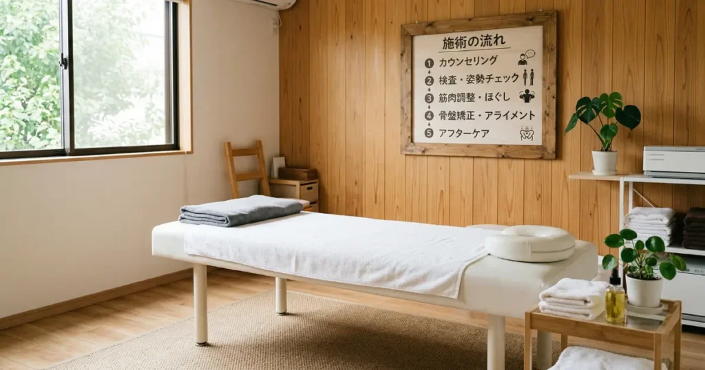 整体院の施術室に掲示された施術の流れを示すボード