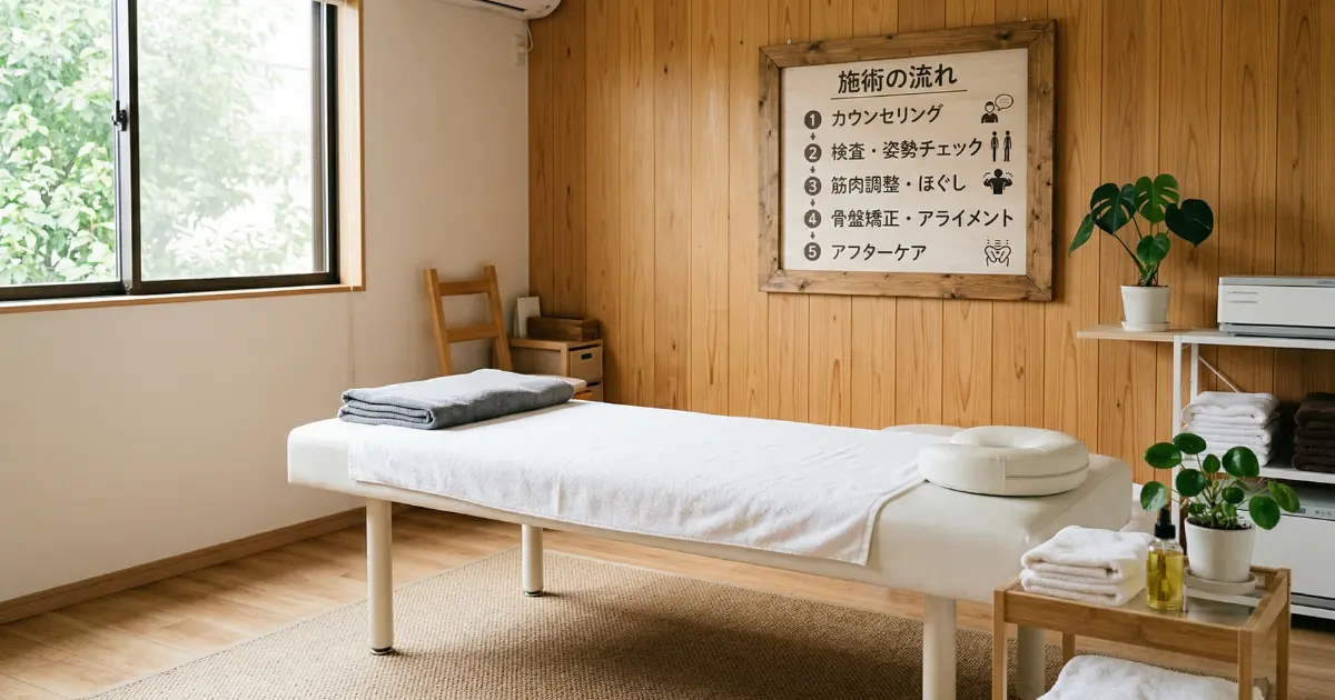 整体院の施術室に掲示された施術の流れを示すボード