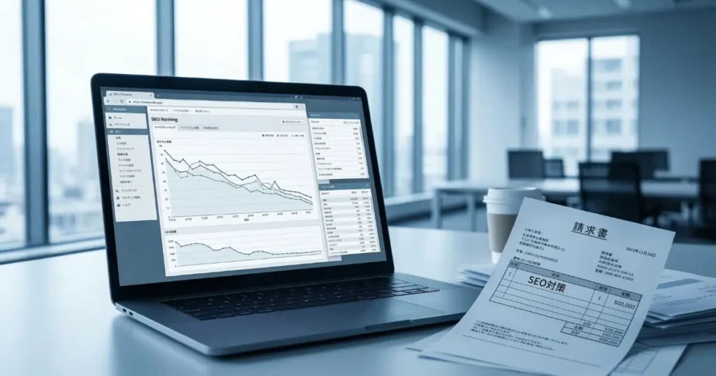 SEO対策の成果が出ず検索順位が下がるグラフが表示されたノートパソコンと請求書が置かれたビジネスデスク