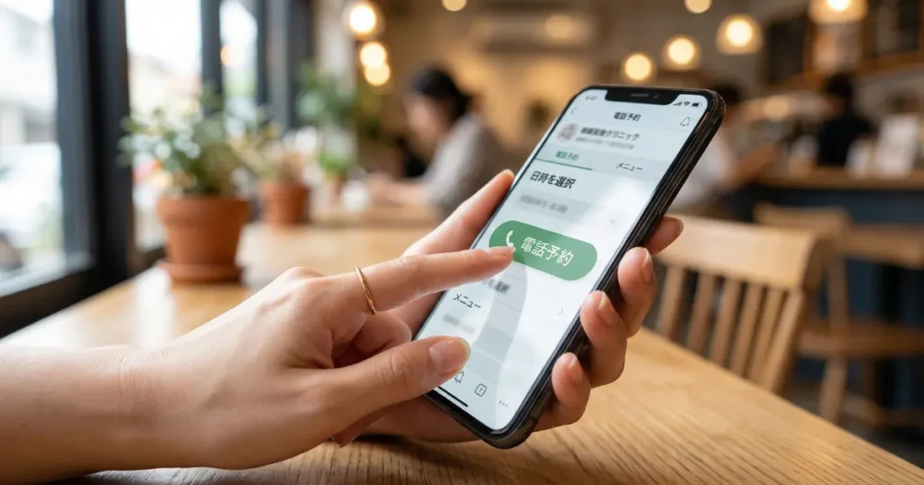 スマートフォンで電話予約ボタンをタップしている手元のイメージ