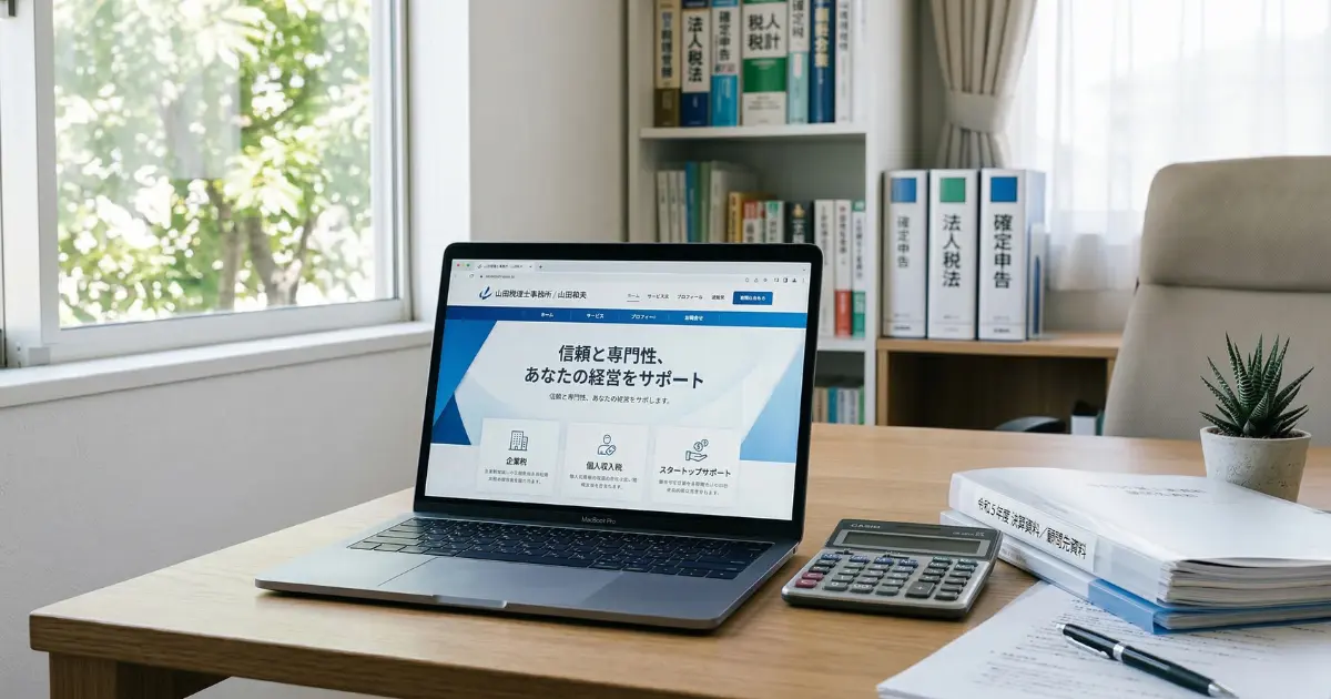 税理士事務所のデスクに置かれたノートパソコンとホームページのイメージ