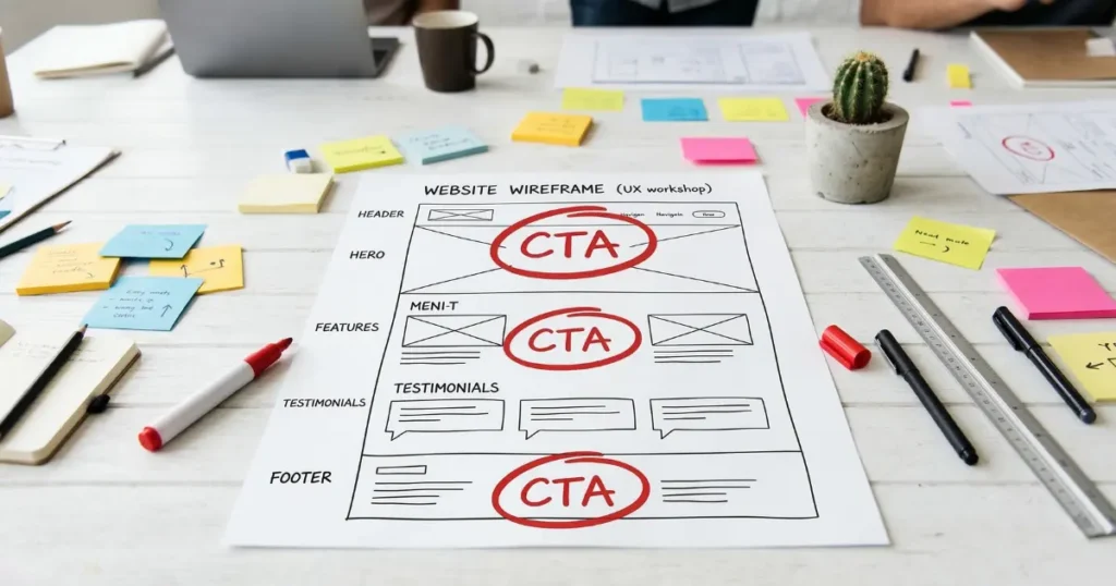 ウェブサイトのワイヤーフレームにCTAボタンの配置を赤ペンで指示した設計メモ