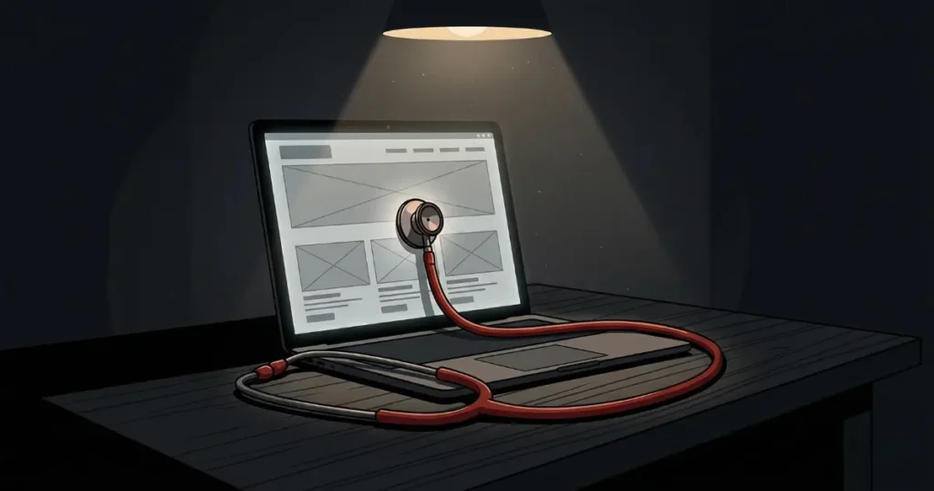 暗いデスクの上にノートPCと聴診器が置かれ、聴診器のチェストピースがPCの画面に当てられている。赤いチューブの聴診器でWebサイトの健康状態を診断するイメージを表現したエディトリアルイラスト。