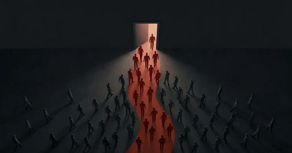 入口を上から見下ろした構図で100人の人型シルエットが描かれている。20人だけが赤く光り入口を通過し、残りの80人はグレーのまま四方に散って暗闇へ消えていく。直帰率80%の現実を視覚化したエディトリアルイラスト。