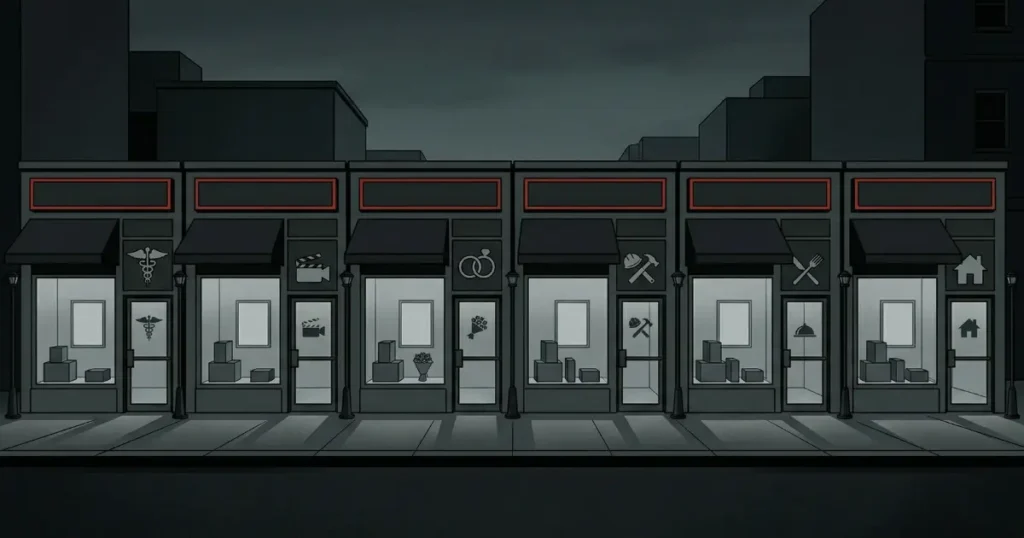 整体院、映像制作会社、ウェディング会場、建設会社、高級レストラン、工務店の6つの店舗が並んでいるが、すべて同じテンプレートのような外観をしている。異なる業種なのに不気味なほど画一的なデザインを表現したエディトリアルイラスト。