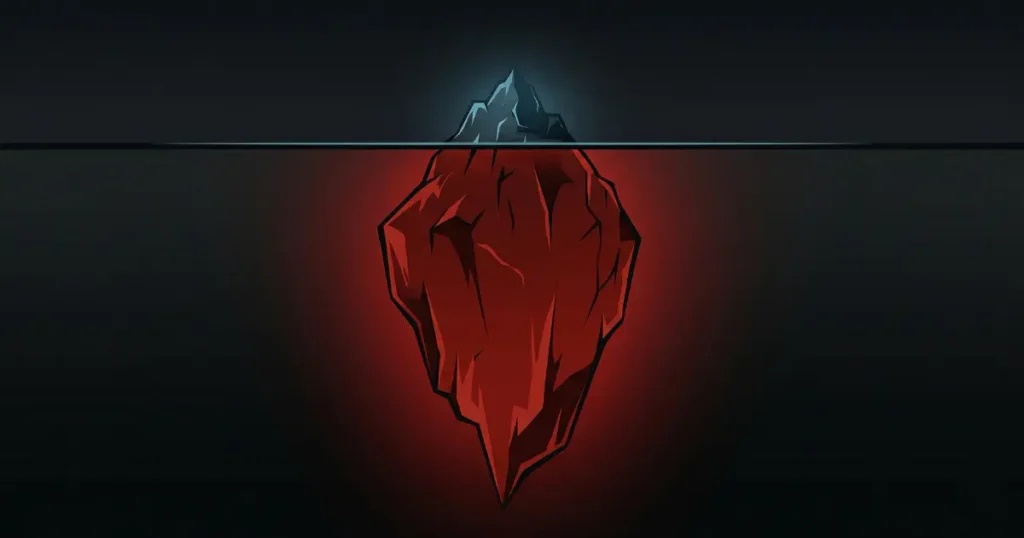 夜の暗い海に浮かぶ氷山。海面上の小さな先端は青白く光り月額9,800円の見えているコストを表し、海面下の巨大な赤い塊は機会損失という見えていないコストを表している。安いホームページの本当のコストを氷山のメタファーで表現したエディトリアルイラスト。