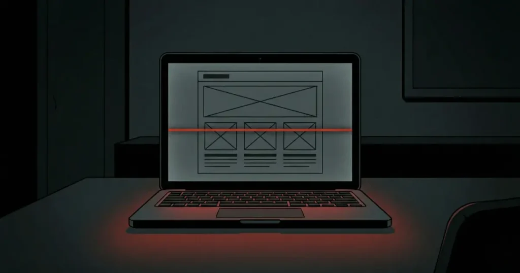 暗い部屋に置かれたノートPCの画面にWebサイトのワイヤーフレームが表示され、赤い心電図のフラットラインが横切っている。月額9,800円のホームページが静かに機能を失っていく様子を表現したコンセプチュアルイラスト。