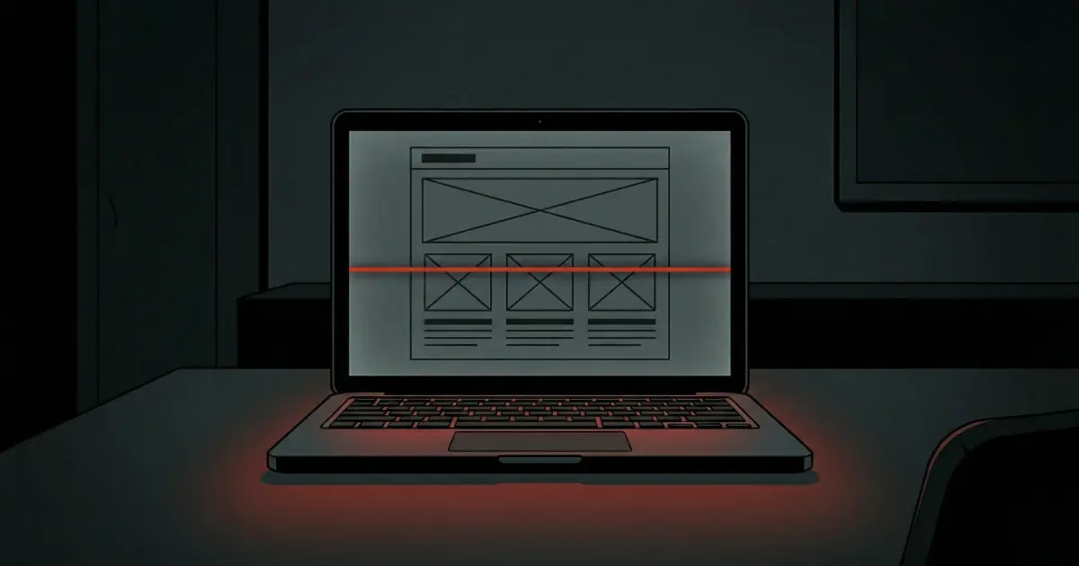 暗い部屋に置かれたノートPCの画面にWebサイトのワイヤーフレームが表示され、赤い心電図のフラットラインが横切っている。月額9,800円のホームページが静かに機能を失っていく様子を表現したコンセプチュアルイラスト。