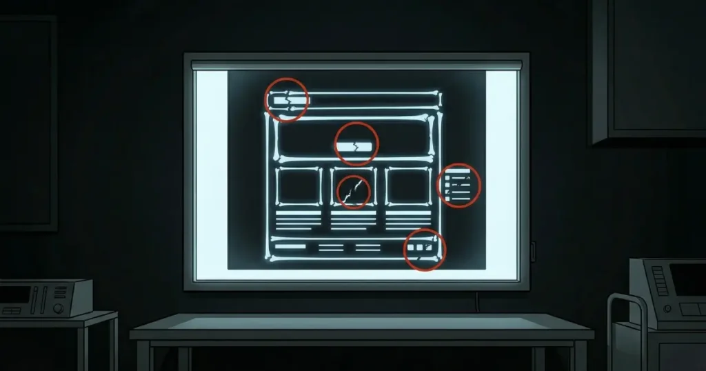 医療用ライトボックスに、人体の代わりにWebサイトのワイヤーフレーム構造がX線写真のように映し出されている。5つの問題箇所が赤い丸で示され、サイトの構造的な病を診断するイメージを表現したエディトリアルイラスト。
